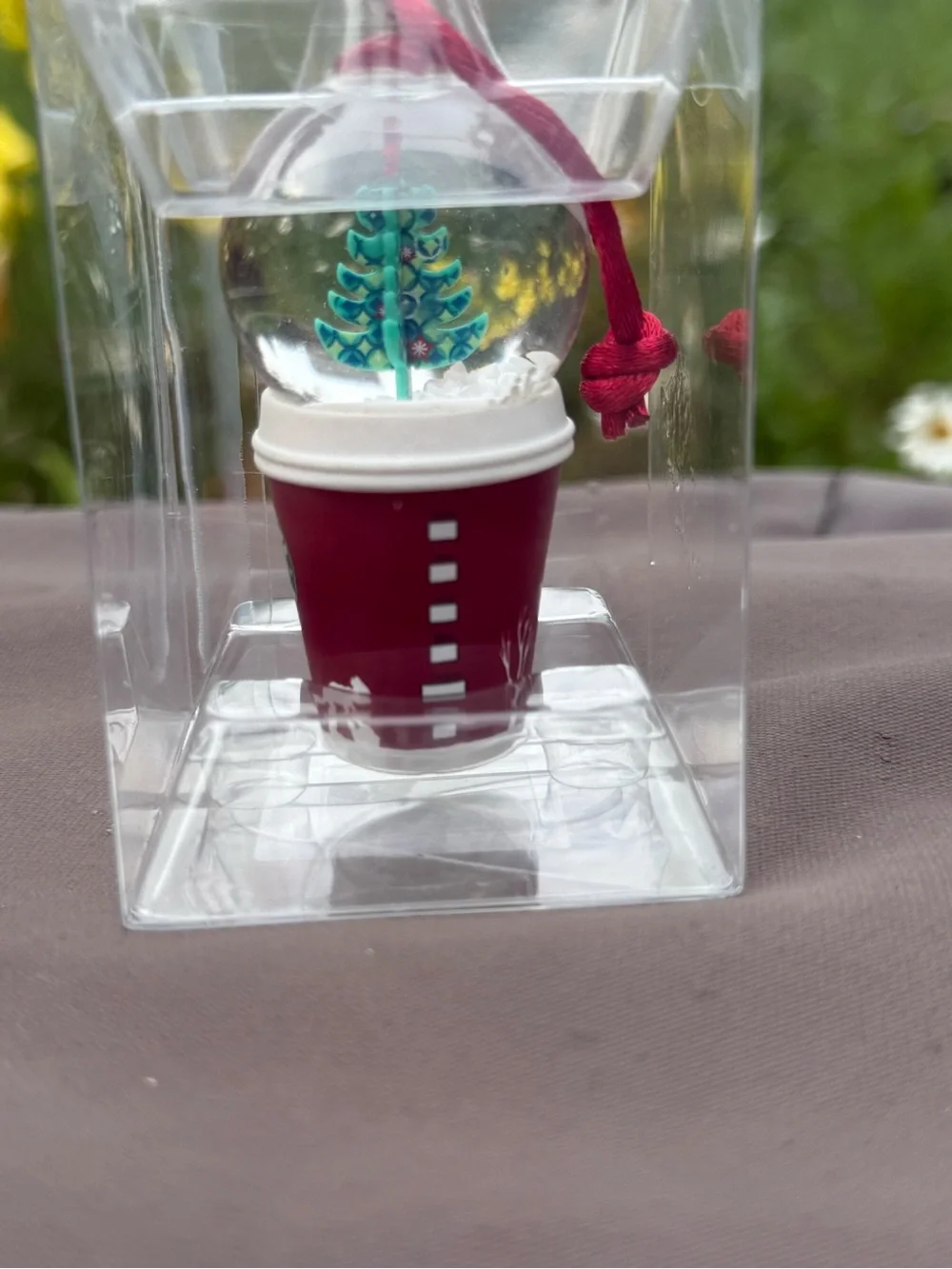 Starbucks Red Mini Snow Globe Cup Ornament with Green Tree